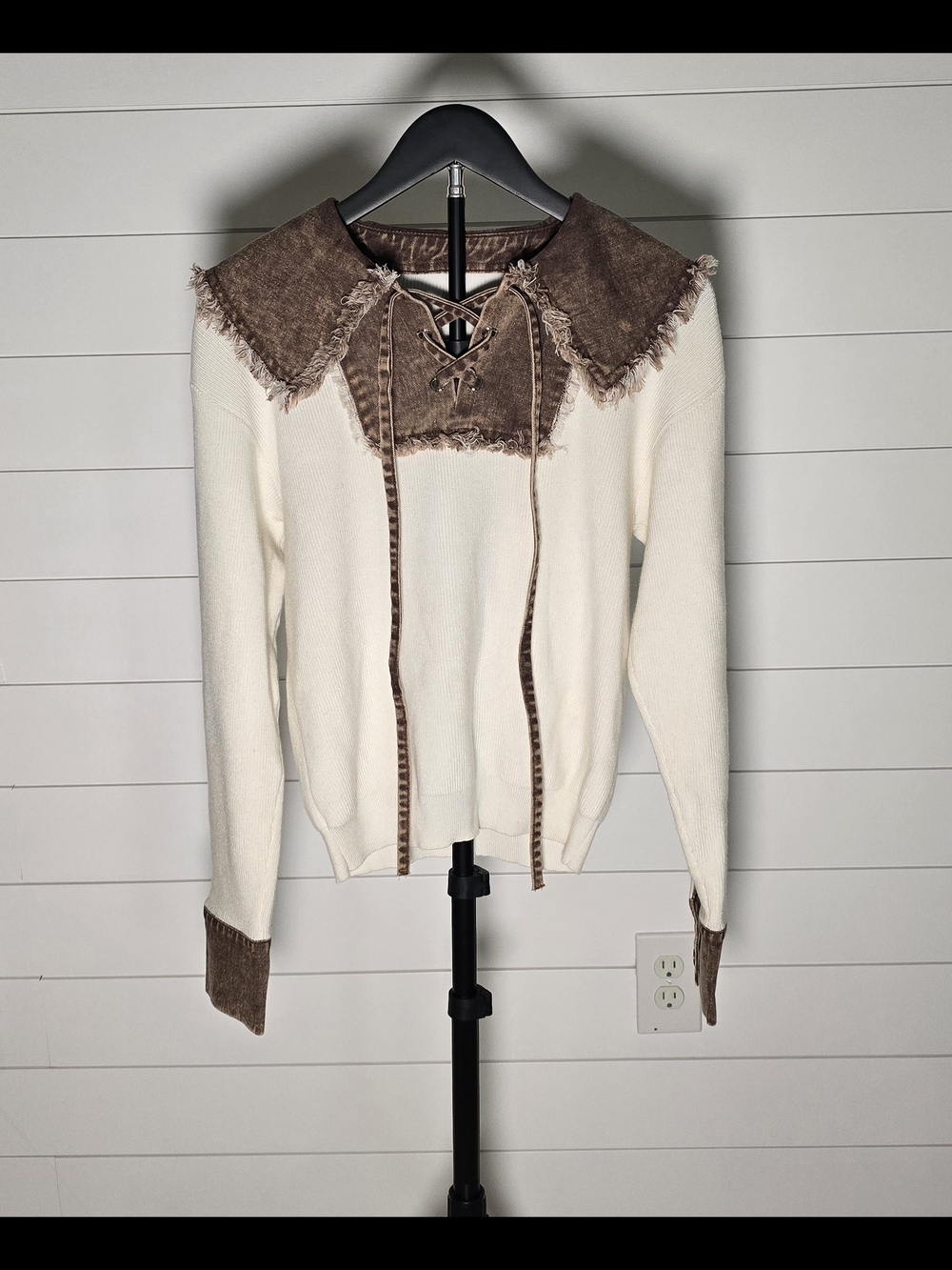 Cream Knit Sweater with Distressed Brown Denim Collar, Tie & Sleeves XS